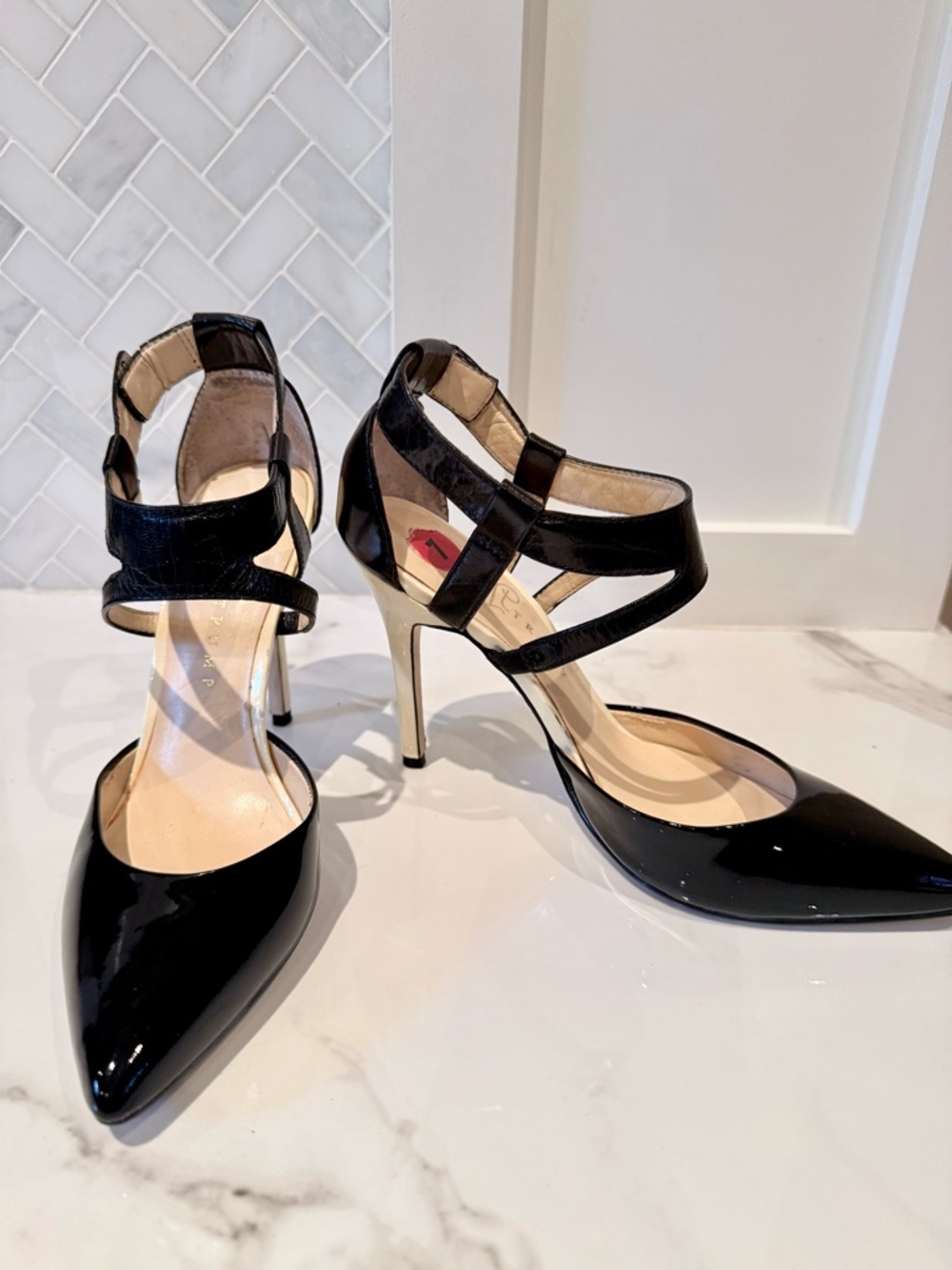 Patent Leather Strappy Stilettos, Size 7